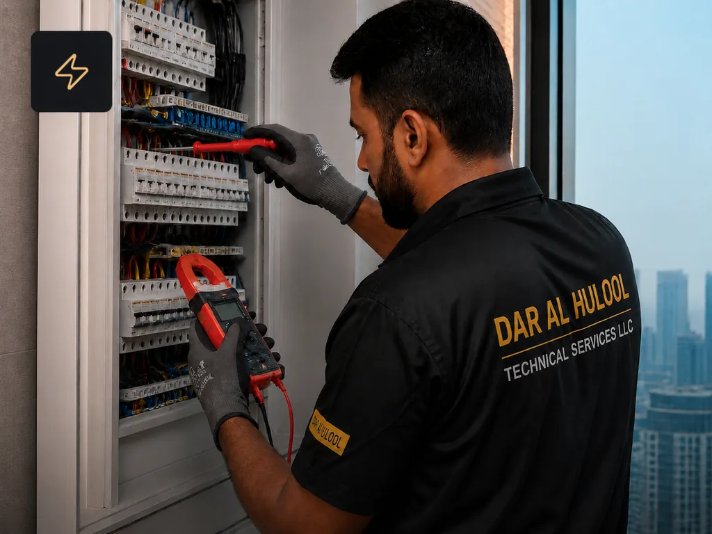 Electrician testing a distribution board with a multimeter during professional electrical maintenance in Dubai by DAR AL HULOOL Technical Services LLC