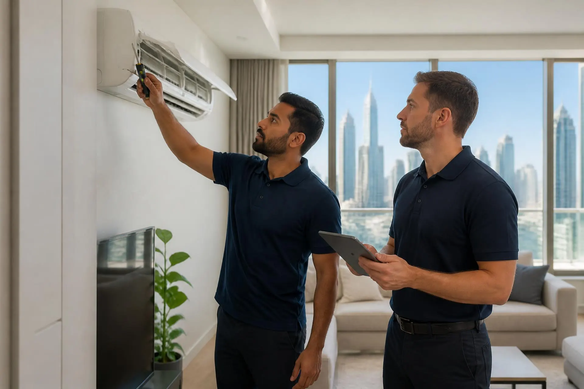 Professional maintenance technicians from DAR AL HULOOL Technical Services LLC servicing an air conditioner in a Dubai apartment