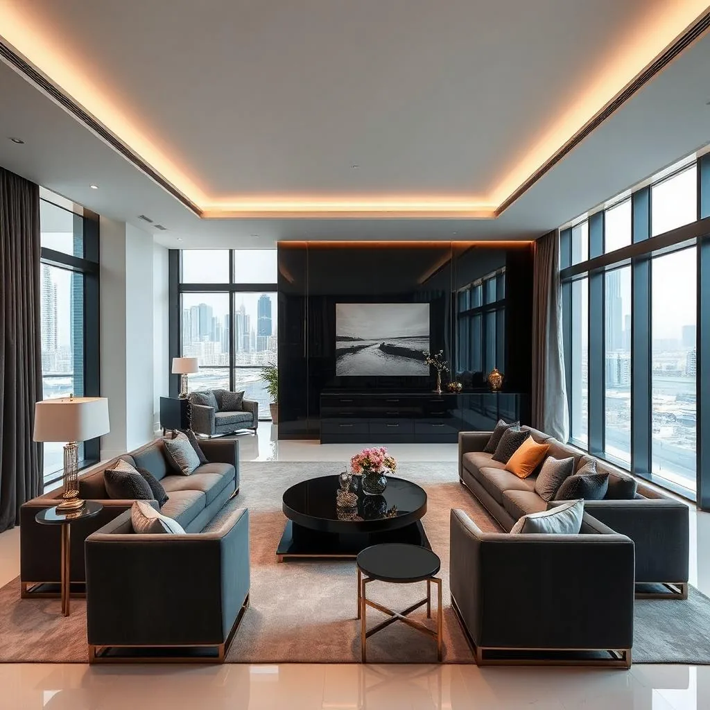 Premium renovated living room interior in Dubai finished by DAR AL HULOOL Technical Services LLC