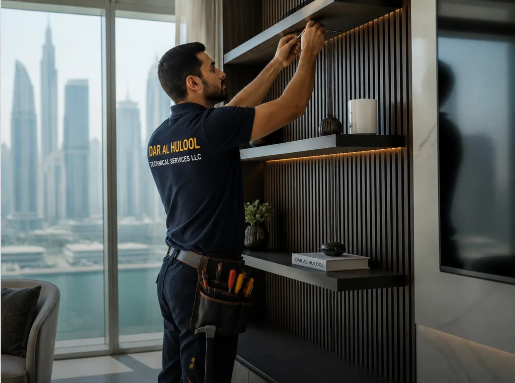 Handyman installing wall shelving during a general home maintenance visit in Dubai by DAR AL HULOOL Technical Services LLC