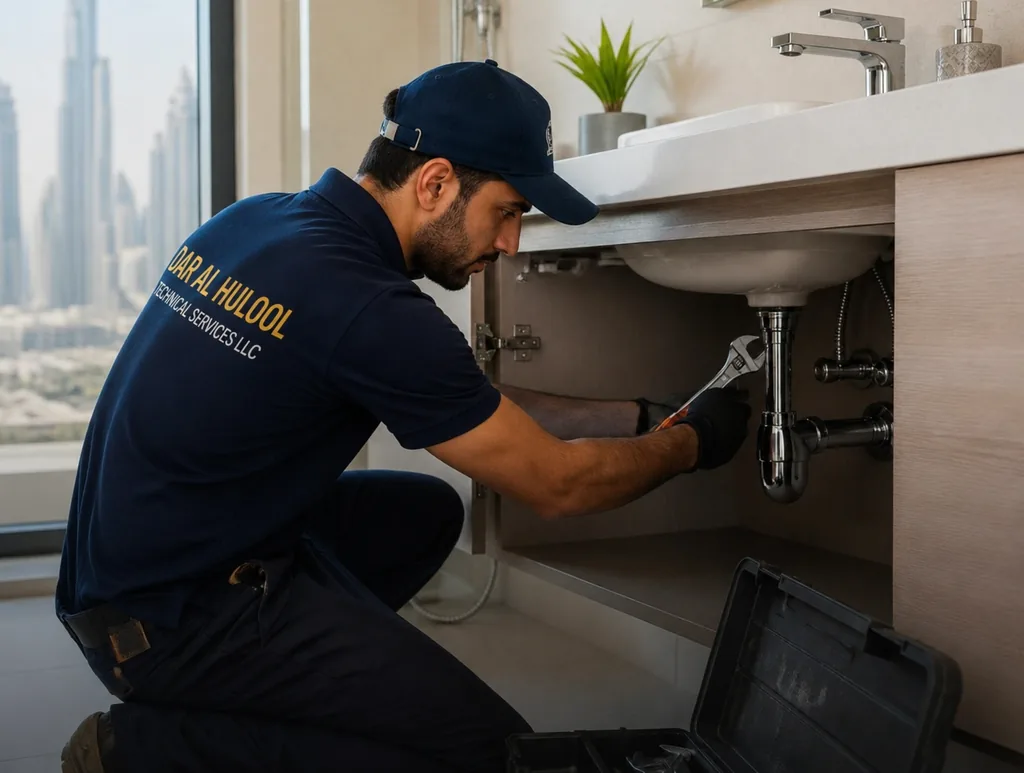 Plumber tightening a sink pipe with a wrench during a professional plumbing repair in Dubai by DAR AL HULOOL Technical Services LLC